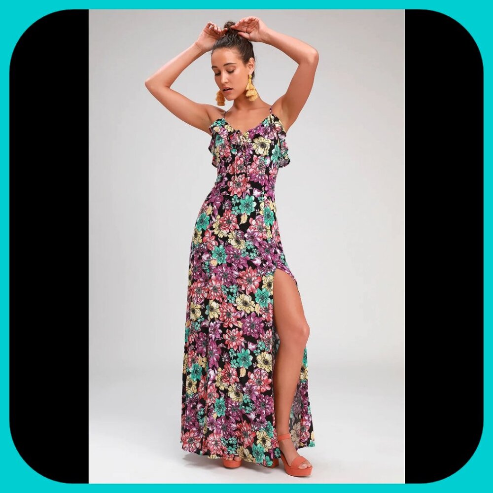 LULUS || Dynah Black Floral Print Maxi Dress (SIZE L)